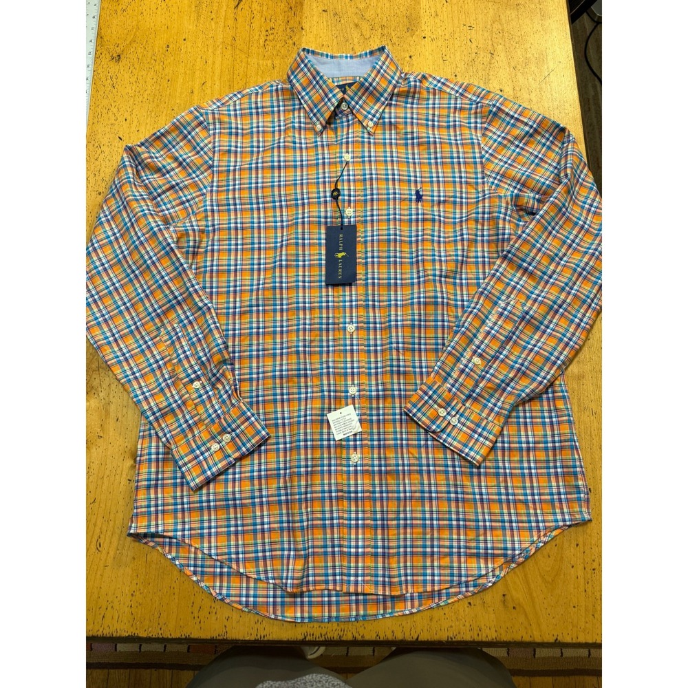 New Ralph Lauren Plaid Non-Iron Size L Orange Blue Long Sleeve Button Down Shirt
